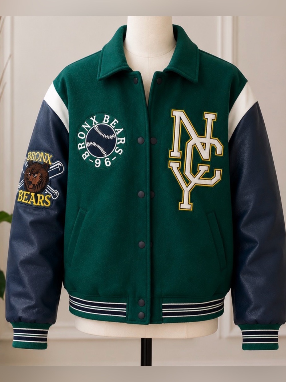 Divided Green & Navy Varsity Jacket with White Accents